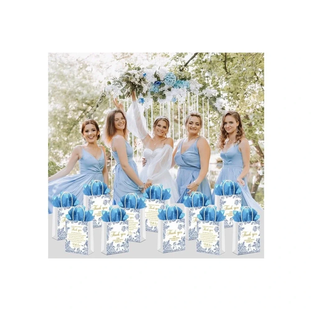 50 Pack Blue Toile Floral Thank You Paper Gift Bags Favors Wedding Bridal Shower